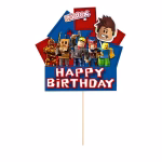 Detalii grafice topper tort Roblox din carton cu mesajul Happy Birthday pe fundal albastru si avatare din joc.