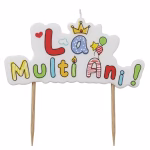Lumanare Tort La Multi Ani Multicolora 8x5 cm Lumanare alba pentru tort cu textul La Multi Ani format din litere multicolore cu accente de albastru decorata cu o coroana aurie si mici baloane