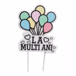 Lumanare Tort La Multi Ani Cu Baloane 9x10 cm Lumanare din parafina cu textul La Multi Ani decorata cu inimioare subtile si un buchet de baloane in culori pastelate