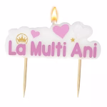 Lumanare Tort La Multi Ani Roz 9x5 cm Lumanare alba pentru tort cu textul La Multi Ani in nuante de roz decorata cu o coroana aurie si inimioare pastelate