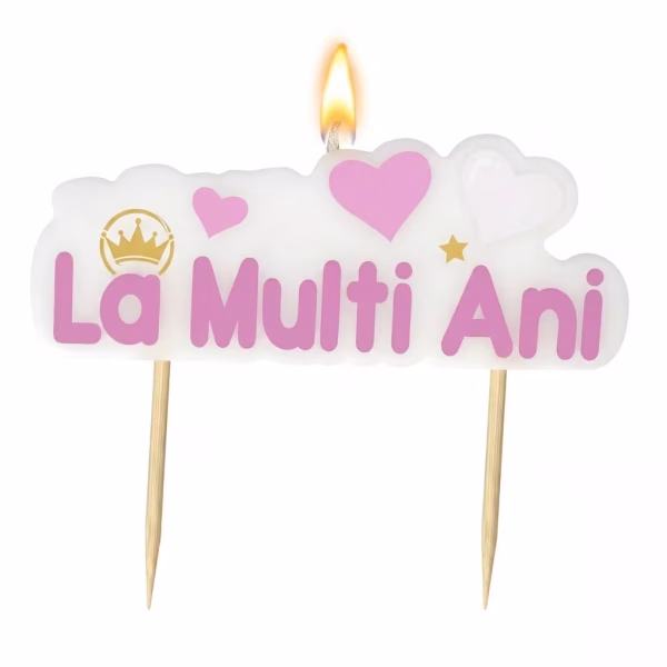 Lumanare Tort La Multi Ani Roz 9x5 cm Lumanare alba pentru tort cu textul La Multi Ani in nuante de roz decorata cu o coroana aurie si inimioare pastelate