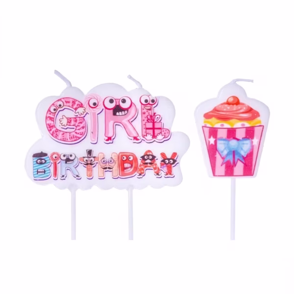 Lumanare Tort Girl Birthday Roz Si Cupcake Set de doua lumanari pentru tort incluzand o placuta cu textul Girl Birthday animat cu fete zambitoare si o lumanare in forma de cupcake roz