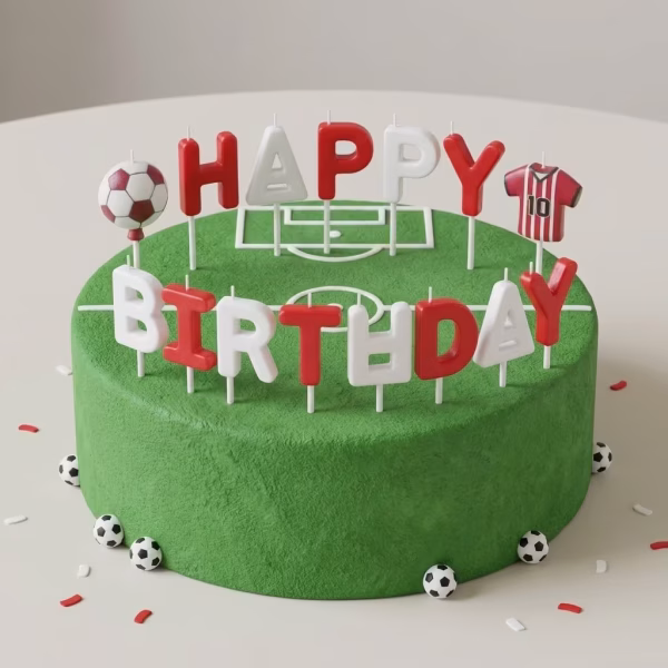 Set 15 Lumanari Happy Birthday Fotbal Lumanari alb-rosii in forma de litere formand Happy Birthday alaturi de o minge si un tricou asezate pe un tort verde tip gazon