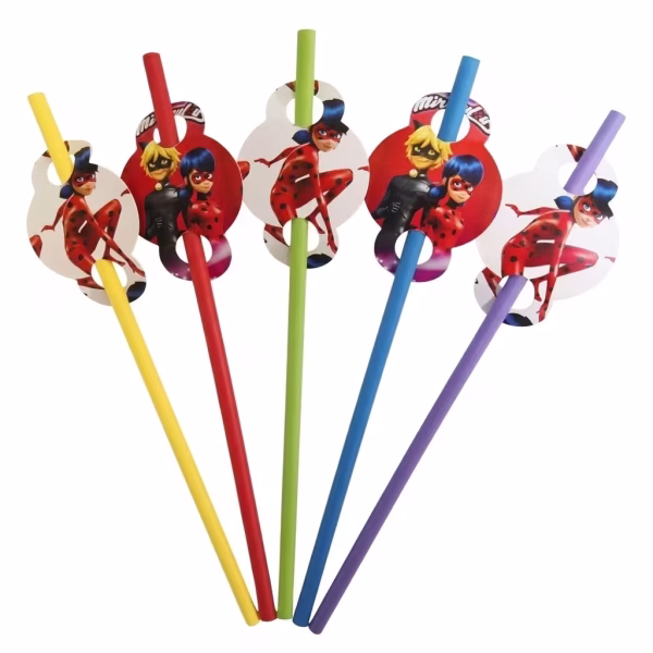 Set de 10 paie pentru suc multicolore în nuanțe de galben roșu verde albastru și mov decorate cu ornamente din carton ilustrând personajele Ladybug și Cat Noir din Miraculous