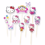 Set 11 Toppere Tort Hello Kitty Set de 11 toppere din carton pentru decorarea tortului, cu tematica Hello Kitty, incluzând mesajul Happy Birthday cu curcubeu, fluturi și figurine cu simpatica pisicuță.