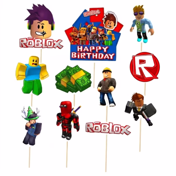 set 11 toppere tort roblox Set complet de 11 toppere tort Roblox din carton incluzand piesa centrala Happy Birthday, avatare diverse, bani verzi si sigle, cu kit de asamblare.