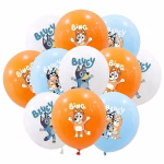 set baloane latex bluey Set de 12 baloane din latex in culorile portocaliu, bleu si alb, imprimate cu personajele Bluey si Bingo din cunoscutele desene animate.