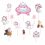 Set Toppere pentru Tort Pisica Marie - Pisicile Aristocrate Set 12 toppere tort din carton Pisica Marie din Pisicile Aristocrate cu mesajul La multi ani betisoare de bambus si buline adezive