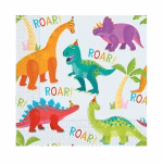 set 20 servetele dinozauri roar Set de 20 servetele din hartie pentru petreceri de copii, dimensiune 33x33 cm, ilustrand dinozauri colorati purtand coifuri de petrecere si textul Roar, marca Procos.