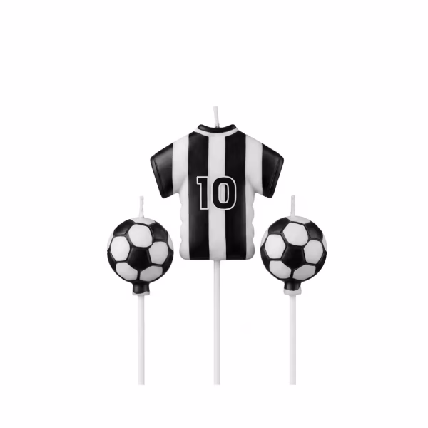 Set 3 Lumanari Tort Fotbal Mingi Si Tricou Set de trei lumanari pentru tort format dintr-un tricou de fotbal in dungi alb negru cu numarul 10 si doua mingi pe suporturi albe