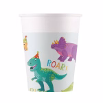 set 8 pahare dinozaur 200 ml Pahar din carton pentru petreceri de copii, capacitate 200 ml. Design vesel ce ilustreaza un T-Rex verde cu coif de petrecere, un Triceratops mov si textul ROAR colorat, pe un fundal deschis.