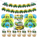 Set complet de petrecere cu tematica ferma tractor incluzand banner Happy Birthday baloane colorate si toppere din carton pentru desert