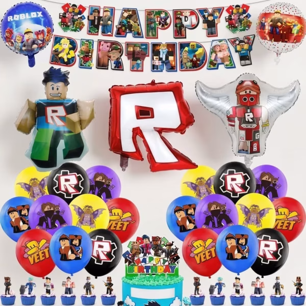 Set complet de petrecere cu tematica Roblox incluzand baloane din folie si latex banner aniversar si toppere din carton pentru desert