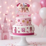Topper Tort Happy Birthday Roblox Girl Mockup cu topper de tort Happy Birthday Roblox Girl așezat pe un tort etajat roz, decorat cu elemente din jocul Roblox.