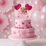 Topper Tort Happy Birthday Roblox Girl Mockup cu topper de tort Happy Birthday Roblox Girl cu inimi visinii așezat pe un tort roz etajat, decorat cu sigla Roblox.