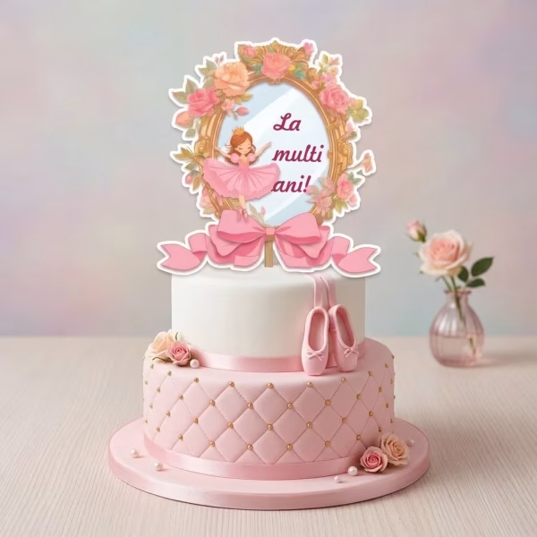 topper tort la multi ani balerina cod t505 Mockup cu topper de tort La Mulți Ani ilustrând o balerină și trandafiri, așezat pe un tort elegant roz cu alb, decorat cu poante de balet.