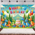 Background Textil Dinozauri Happy Birthday COD 540B Background textil premium pentru arcada cu dinozauri colorati tort cadouri si mesajul Happy Birthday.
