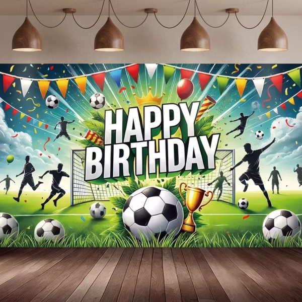 Background Textil Fotbal Happy Birthday 210x130 cm - COD 541B Background textil premium pentru arcada cu tematica fotbal mingi trofeu auriu jucatori in actiune si mesajul Happy Birthday.