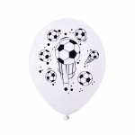 Detaliu balon din latex alb, dimensiune 30 cm, cu imprimeu grafic minge de fotbal.