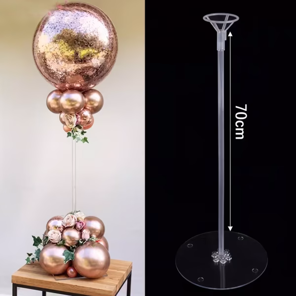 Suport de Masa pentru Baloane Accesoriu Decorativ Plastic 70 cm Transparent Suport transparent pentru masa destinat aranjamentelor din baloane, inaltime 70 cm, compus din baza, tije din plastic si cupa superioara, asamblare usoara.