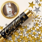 Tub de Confetti Bonne Annee Stelute Auriu si Argintiu 40 cm Tub de confetti negru cu detalii aurii expulzand stelute metalizate aurii si argintii pentru petreceri de revelion.