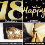 Mockup cu un background majorat panou foto textil vertical pentru 18 ani ilustrand numarul 18 auriu textul Happy Birthday baloane aurii si albe artificii tort si pahare de sampanie pe un fundal negru.