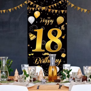 Mockup Cu Un Background Majorat Panou Foto Textil Vertical Pentru 18 Ani Ilustrand Numarul 18 Auriu Textul Happy Birthday Baloane Aurii Si Albe Artificii Tort Si Pahare De Sampanie Pe Un Fundal Negru.
