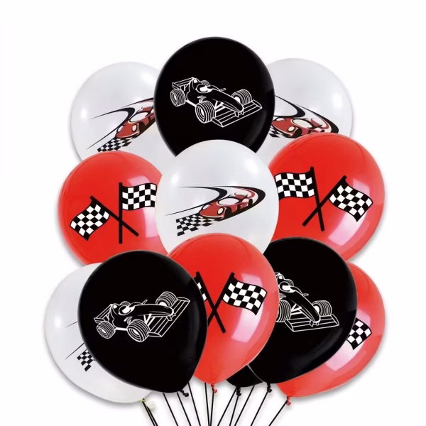 Set de 12 baloane din latex în culorile negru, alb și roșu, imprimate cu ilustrații tematice: o mașină de Formula 1 pe baloanele negre, o mașină sport de curse pe cele albe și steaguri de finiș în carouri pe cele roșii