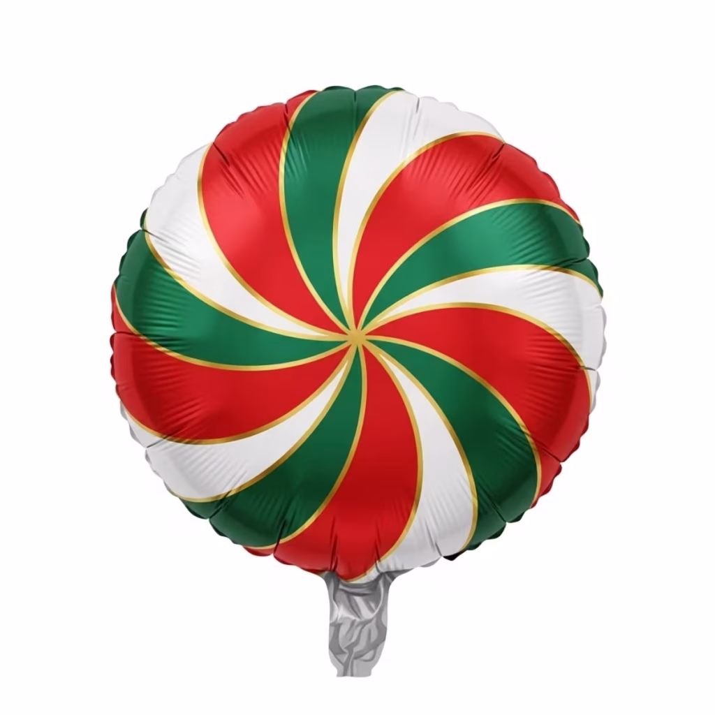 Balon rotund din folie metalizată, ilustrând o bomboană tip acadea cu un model spiralat festiv în culorile roșu, verde și alb, separate de linii aurii subțiri