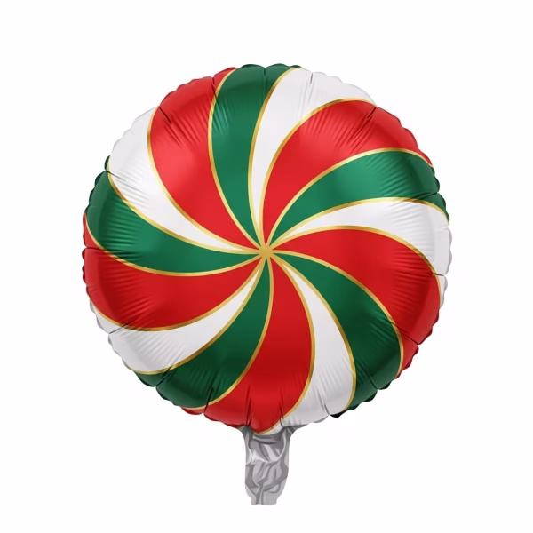 Balon rotund din folie metalizată, ilustrând o bomboană tip acadea cu un model spiralat festiv în culorile roșu, verde și alb, separate de linii aurii subțiri