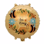 Balon Folie Rotund Albina Bee Honey 45 cm Balon din folie rotund, auriu, decorat cu imprimeu de fagure, doua albinute zambitoare, flori albastre si mesajul central Bee Honey.