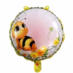 Balon Folie Rotund Albina 45 cm Balon din folie rotund decorat cu o albinuta vesela cu ochi mari, asezata langa floricele galbene, avand un fundal roz pal si un chenar cu model de albina.