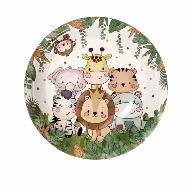 Farfurie din carton cu design safari ilustrand pui de animale salbatice precum leul girafa tigrul elefantul si zebra incadrati de o bordura cu frunze tropicale