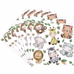 Servetele din hartie alba cu imprimeu safari ilustrand pui de animale salbatice precum maimuta girafa tigrul elefantul leul zebra si hipopotamul printre frunze tropicale