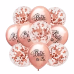 set 10 baloane 30 cm bride to be rose gold Buchet format din 10 baloane de latex, 5 rose gold metalizate cu mesajul Bride to Be si 5 transparente umplute cu confetti rose gold, perfecte pentru petrecerea burlacitelor.