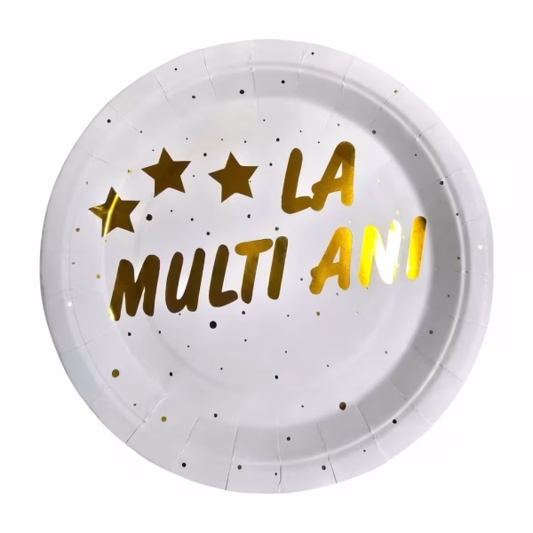 set 10 farfurii la multi ani 23 cm Set de 10 farfurii mari din carton pentru petrecere, dimensiune 23 cm. Farfuriile au fundalul alb si sunt decorate elegant cu mesajul La Multi Ani, trei stele si puncte de confeti, toate realizate din folie aurie metalizata.