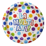 set 10 farfurii party la multi ani 18 cm Set de 10 farfurii mici din carton pentru tort, dimensiune 18 cm. Design de petrecere cu buline multicolore si mesajul La Multi Ani scris in centru pe fundal alb.