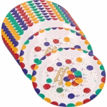set 10 farfurii de unica folosinta din carton 23 cm Set de 10 farfurii din carton pentru petrecere, dimensiune 23 cm, decorate cu baloane multicolore si mesajul Happy Birthday auriu.