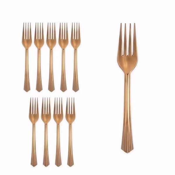Set de furculite de unica folosinta cu un finisaj elegant in nuanta bronz metalizat avand manere cu striatii decorative verticale