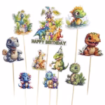 set 10 toppere tort dinozauri Set de 10 toppere din carton pentru tort cu pui de dinozauri simpatici în stil acuarelă și un medalion central Happy Birthday.