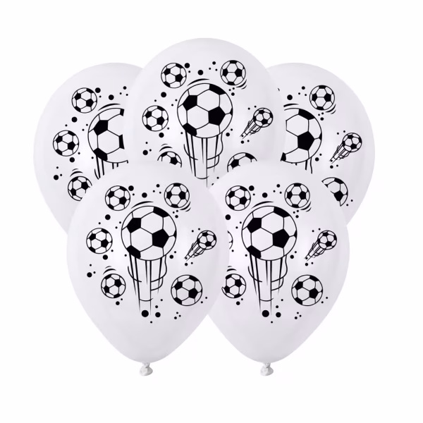 set 20 baloane latex fotbal 30 cm Grup de baloane din latex alb cu imprimeu negru reprezentand mingi de fotbal in miscare, ideale pentru petreceri de baieti.