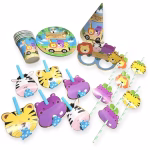 set 36 piese party tematica animalute safari jungla Set complet de 36 piese din carton pentru petrecere tematica safari si jungla, incluzand farfurii, pahare, coifuri, ochelari, paie si trompete cu pui de animale salbatice.