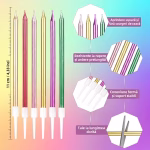set 6 lumanari lungi pentru tort Set de 6 lumanari lungi si subtiri pentru tort, prezentate in mai multe cutii si culori lucioase pe un fundal roz festiv plin de confeti.