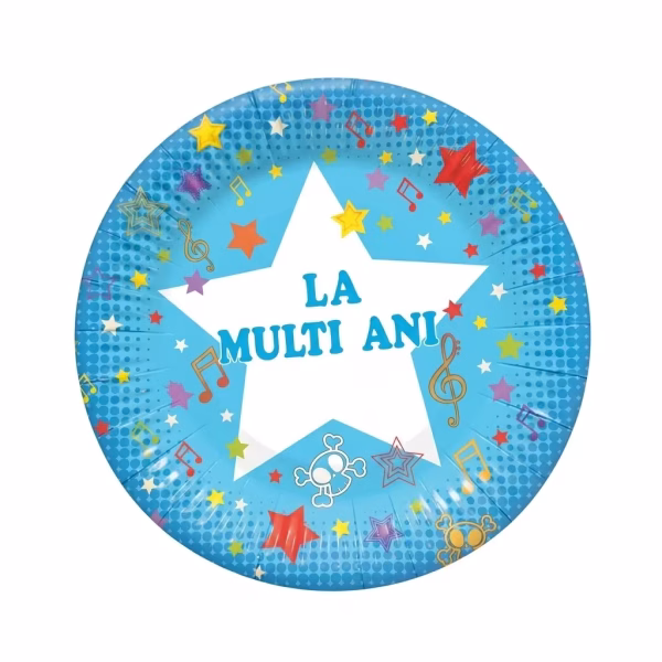 set 8 farfurii albastre la multi ani 18 cm Set de 8 farfurii mici din carton lucios pentru tort, dimensiune 18 cm. Design albastru intens cu model pop-art, o stea alba centrala cu textul La Multi Ani, decorata cu note muzicale, stelute si cranii vesele.