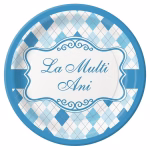 set 8 farfurii bleu la multi ani 18 cm Set de 8 farfurii mici din carton pentru tort, dimensiune 18 cm. Design elegant in nuante de bleu si alb cu model in romburi si textul cursiv La Multi Ani.