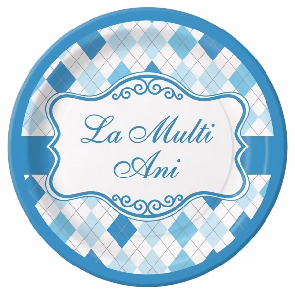 set 8 farfurii bleu la multi ani 18 cm Set de 8 farfurii mici din carton pentru tort, dimensiune 18 cm. Design elegant in nuante de bleu si alb cu model in romburi si textul cursiv La Multi Ani.