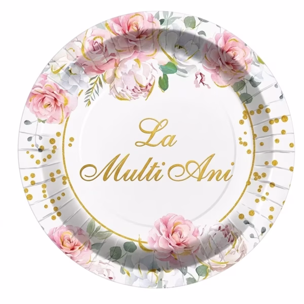 set 8 farfurii la multi ani flori 23 cm Set de 8 farfurii mari din carton pentru petrecere, dimensiune 23 cm. Design elegant pe fundal alb, decorat cu flori roz tip acuarela, detalii punctate aurii si textul cursiv La Multi Ani.