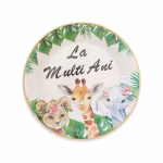 set 8 farfurii la multi ani safari 18 cm Set de 8 farfurii mici din carton pentru tort, dimensiune 18 cm. Design tematica Safari cu frunze tropicale, pui de leu, girafa si elefant ilustrati in stil acuarela, alaturi de mesajul La Multi Ani.