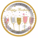 set 8 farfurii la multi ani sampanie 18 cm Set de 8 farfurii mici din carton pentru tort, dimensiune 18 cm. Design festiv si elegant cu margine aurie, ilustratii cu 5 pahare de sampanie colorate si textul cursiv Happy Birthday.