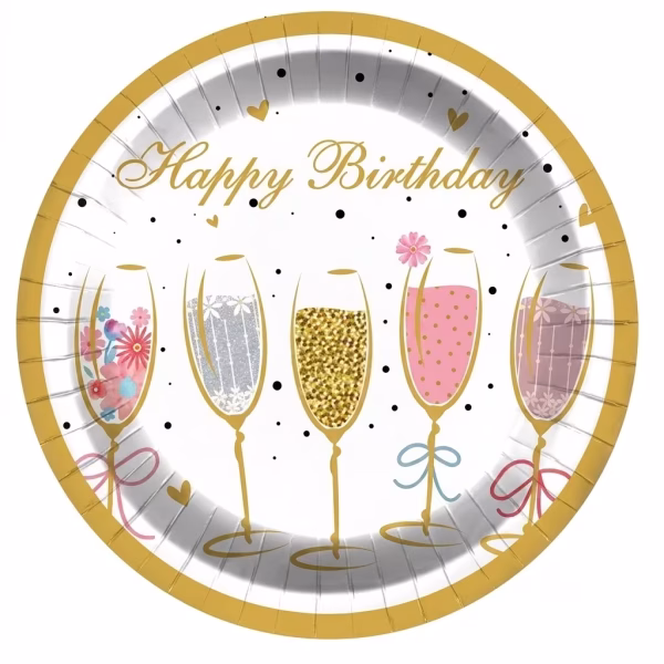 set 8 farfurii la multi ani sampanie 18 cm Set de 8 farfurii mici din carton pentru tort, dimensiune 18 cm. Design festiv si elegant cu margine aurie, ilustratii cu 5 pahare de sampanie colorate si textul cursiv Happy Birthday.
